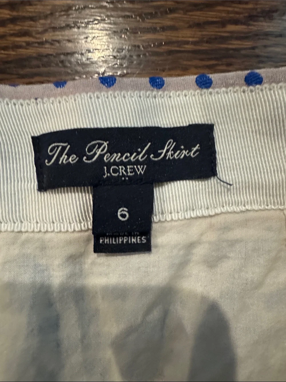 J Crew The Pencil Skirt in Size 6 Taupe with Blue Polka Dots